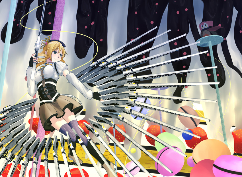 beret blonde_hair boots breasts brown_legwear candy charlotte_(madoka_magica) corset detached_sleeves drill_hair fingerless_gloves food fruit gloves green_eyes gun hair_ornament hairpin hat large_breasts magical_girl magical_musket mahou_shoujo_madoka_magica pleated_skirt puffy_sleeves ribbon rifle shinbee shirt skirt smile strawberry striped striped_legwear taut_clothes taut_shirt thighhighs tomoe_mami too_many twin_drills twintails vertical-striped_legwear vertical_stripes weapon zettai_ryouiki