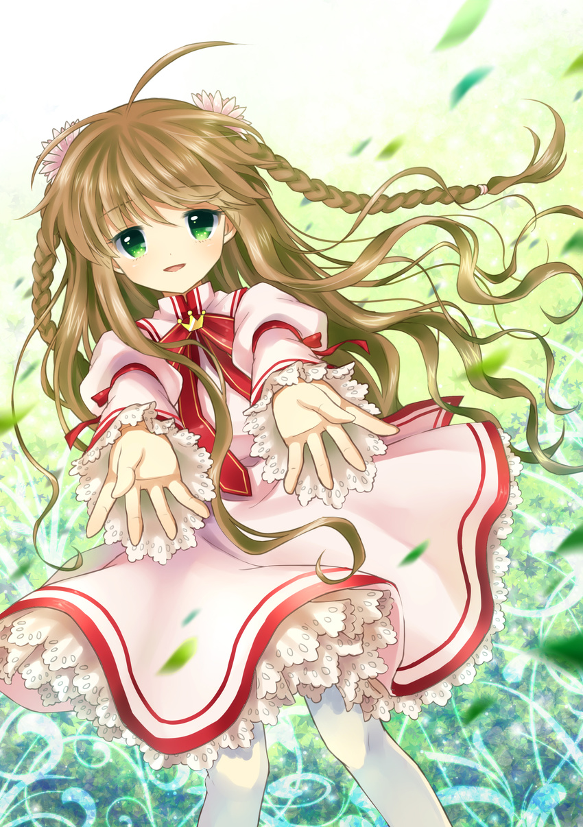 absurdres ahoge braid brown_hair dress flower green_eyes hair_flower hair_ornament hands highres kanbe_kotori leaf looking_at_viewer mauve open_mouth outstretched_hand rewrite smile solo thighhighs twin_braids wavy_hair white_legwear wind