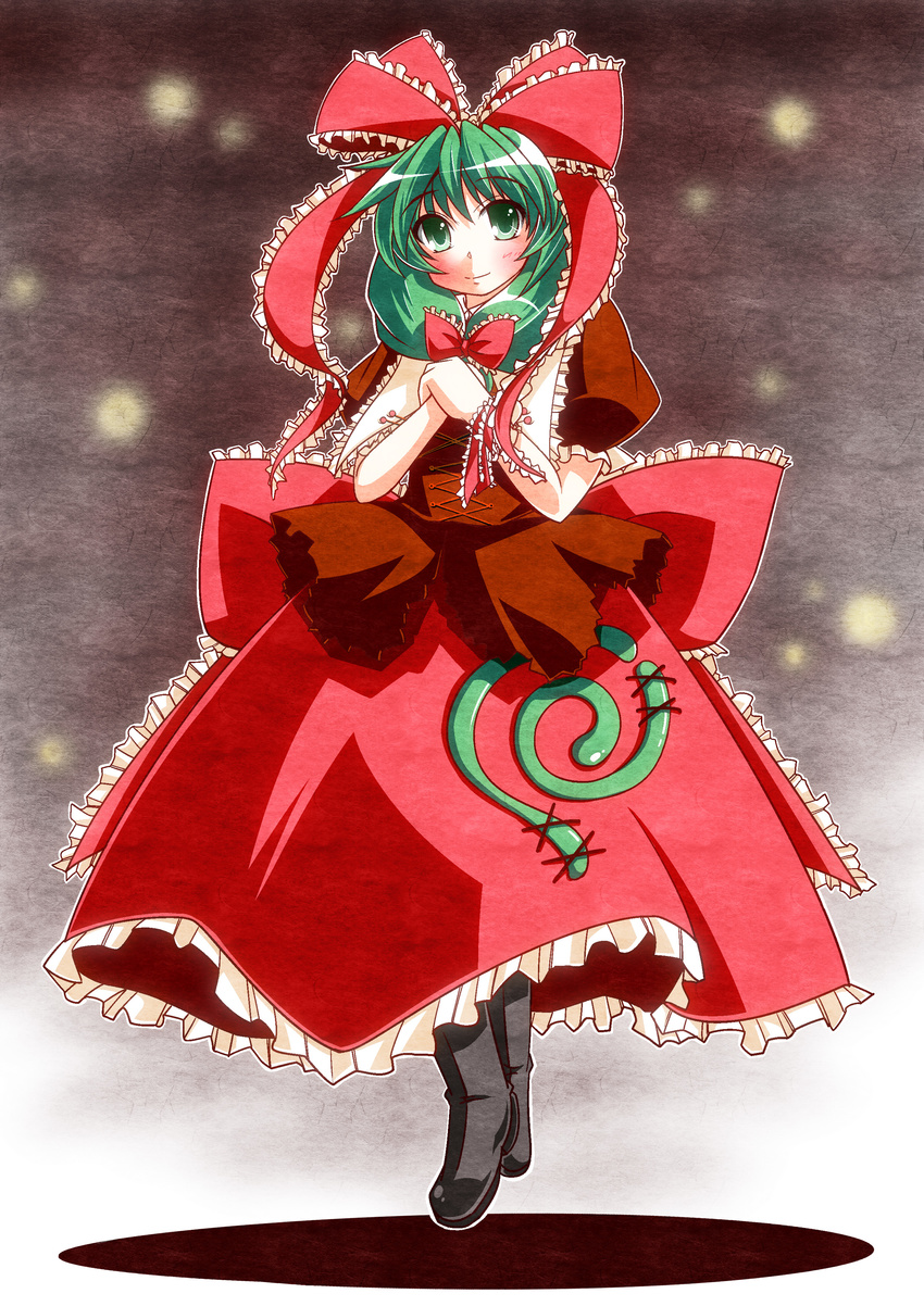 absurdres akagi_yuuto blush bow dress front_ponytail green_eyes green_hair hair_bow hair_ribbon highres kagiyama_hina ribbon solo touhou