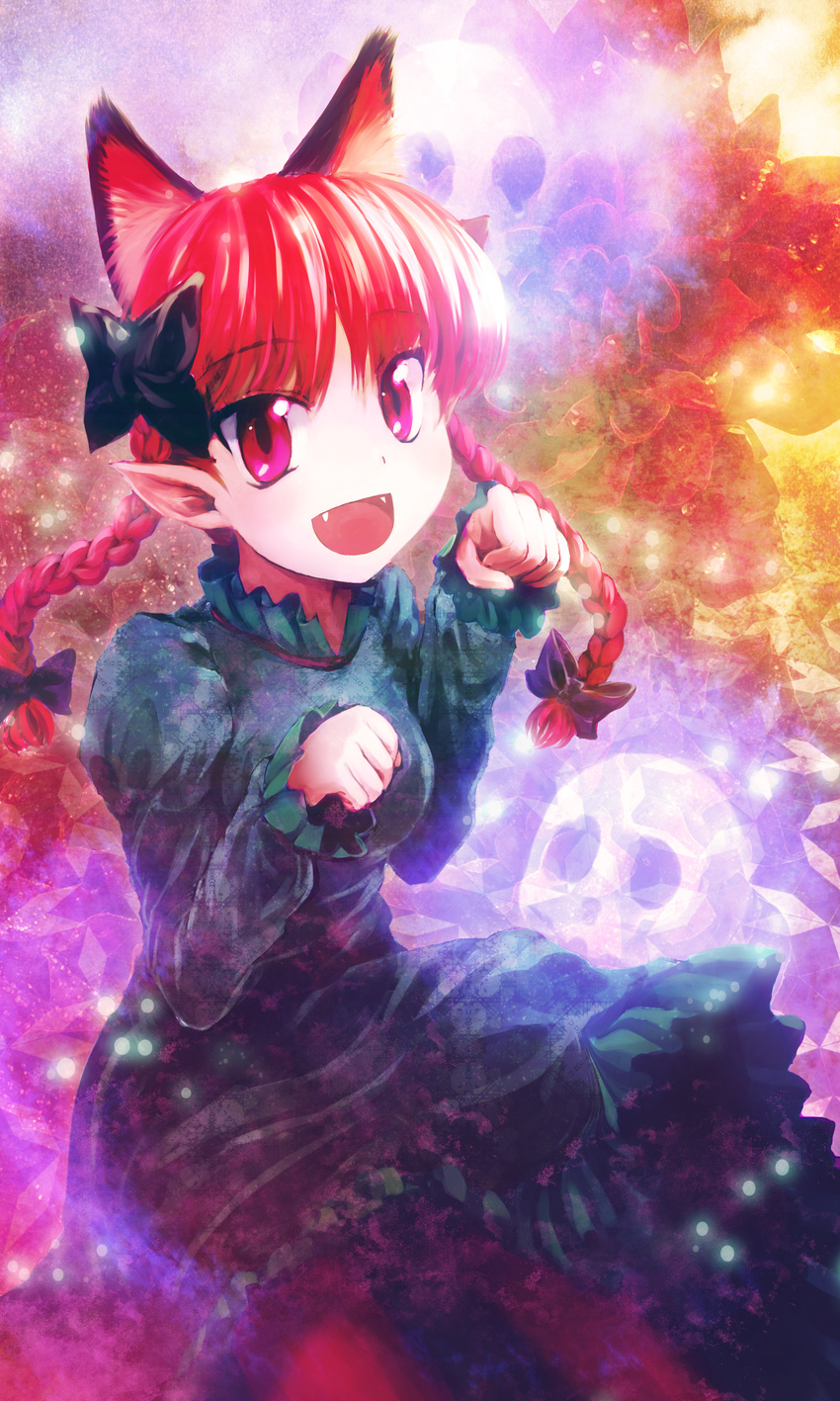 absurdres animal_ears bow braid cat_ears extra_ears fangs glowing hair_bow highres ikamagu kaenbyou_rin looking_at_viewer paw_pose pointy_ears red_eyes red_hair short_hair skull solo touhou twin_braids twintails