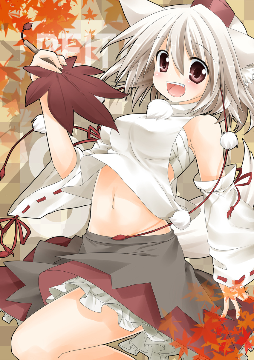 absurdres animal_ears blush bow detached_sleeves fan fang hat highres inubashiri_momiji leaf maple_leaf mashima_(sumachi) midriff navel open_mouth red_eyes sarashi short_hair skirt smile solo tail tokin_hat touhou white_hair wolf_ears wolf_tail