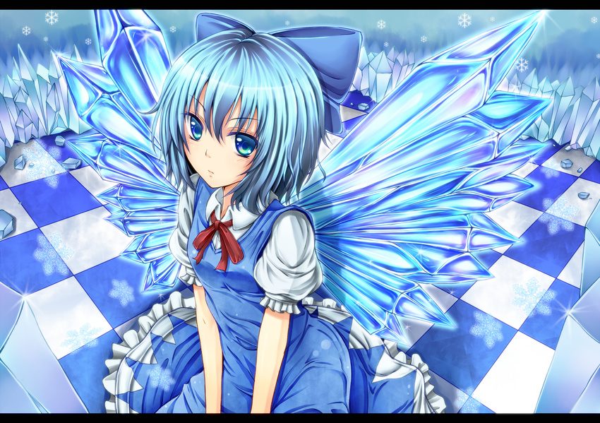 :/ blue blue_eyes blue_hair blush bow checkered checkered_floor cirno dabadhi dress hair_bow highres ice letterboxed short_hair sitting solo touhou wings