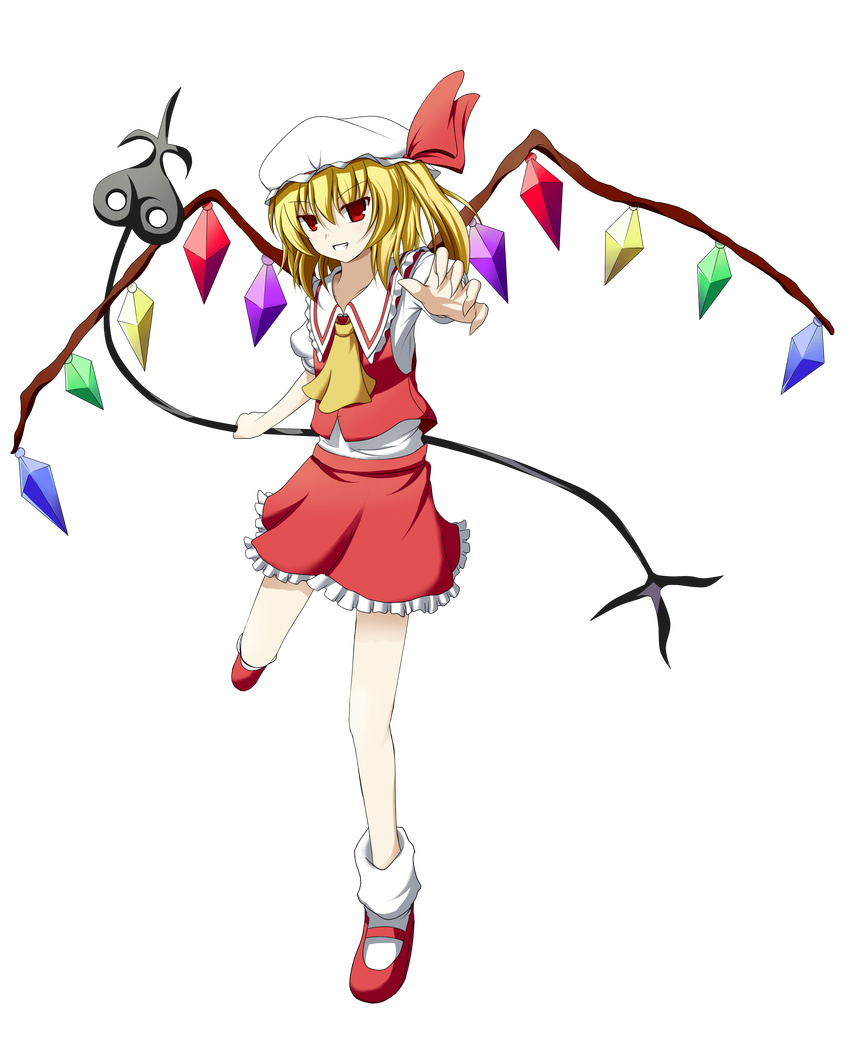 absurdres ascot bad_id bad_pixiv_id blonde_hair flandre_scarlet foreshortening full_body grin hat hat_ribbon highres kenuu_(kenny) laevatein outstretched_arm red_eyes ribbon short_hair side_ponytail skirt smile solo touhou transparent_background wings