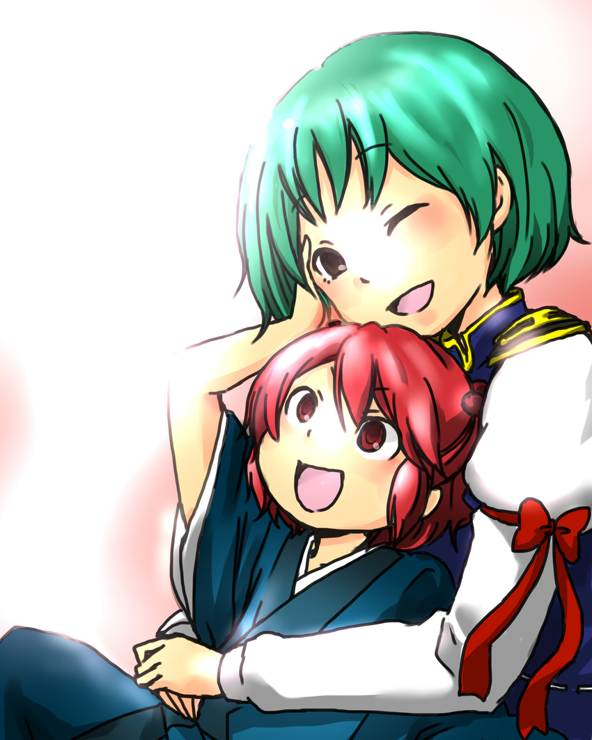 blue_dress brown_eyes child dress green_hair hair_bobbles hair_ornament hand_on_another's_cheek hand_on_another's_face highres hug hug_from_behind multiple_girls no_hat no_headwear one_eye_closed onozuka_komachi open_mouth red_eyes red_hair shiki_eiki short_hair siroooo sitting smile touhou younger