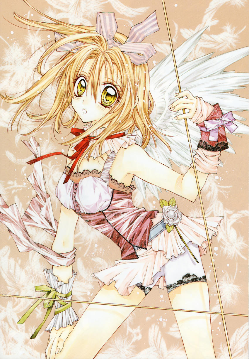 absurdres angel_wings arm_warmers bad_anatomy bare_shoulders blonde_hair bow eyelashes feathers fingernails floating_hair flower hair_bow hair_ribbon hand_on_leg hands highres official_art otomiya_haine ribbon rose shinshi_doumei_cross short_hair solo tanemura_arina traditional_media white_flower white_rose wind wings yellow_eyes