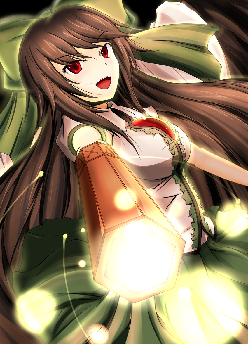 arm_cannon bow brown_hair cape green_bow hair_bow highres long_hair md5_mismatch open_mouth red_eyes reiuji_utsuho skirt smile solo spell_card third_eye touhou wa_tsu_to weapon wings