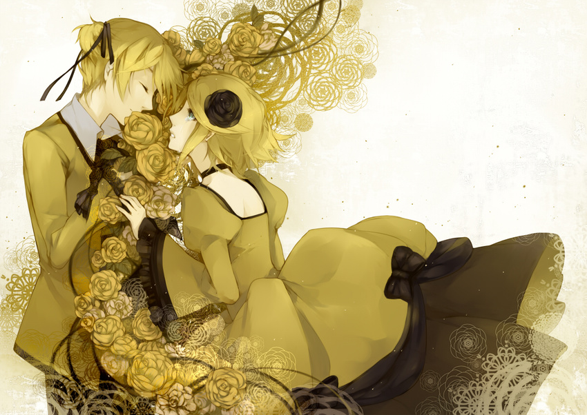 1girl aku_no_meshitsukai_(vocaloid) aku_no_musume_(vocaloid) allen_avadonia bad_id bad_pixiv_id blonde_hair blue_eyes brother_and_sister dress evillious_nendaiki flower kagamine_len kagamine_rin kiss matsunaka_hiro ponytail ribbon riliane_lucifen_d'autriche siblings smile tears twins vocaloid