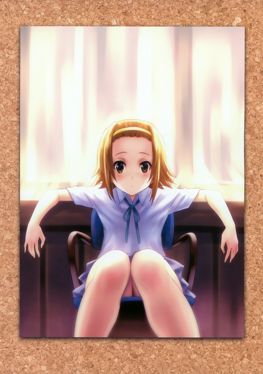 absurdres blush brown_eyes brown_hair chair goto_p hairband highres image_sample k-on! school_uniform short_hair sitting skirt solo tainaka_ritsu yandere_sample