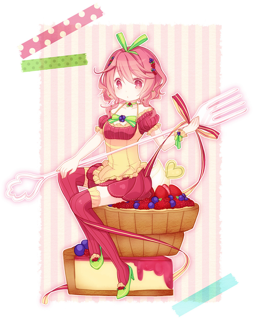 aruya_(flosrota) blueberry bow cake cheesecake food food_themed_clothes food_themed_hair_ornament fork frills fruit hair_bow hair_ornament heart highres original personification pink_legwear raspberry ribbon solo strawberry striped striped_legwear tart_(food) thighhighs vertical-striped_legwear vertical_stripes