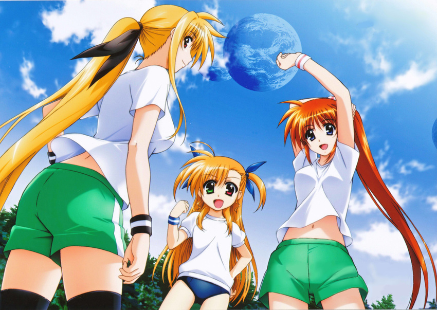 3girls ass bloomer buruma child fate_testarossa gym_uniform hair_ribbon heterochromia highres loli long_hair lyrical_nanoha mahou_shoujo_lyrical_nanoha mahou_shoujo_lyrical_nanoha_vivid multiple_girls ribbon smile takamachi_nanoha teen teenage thighhighs thighs vivio