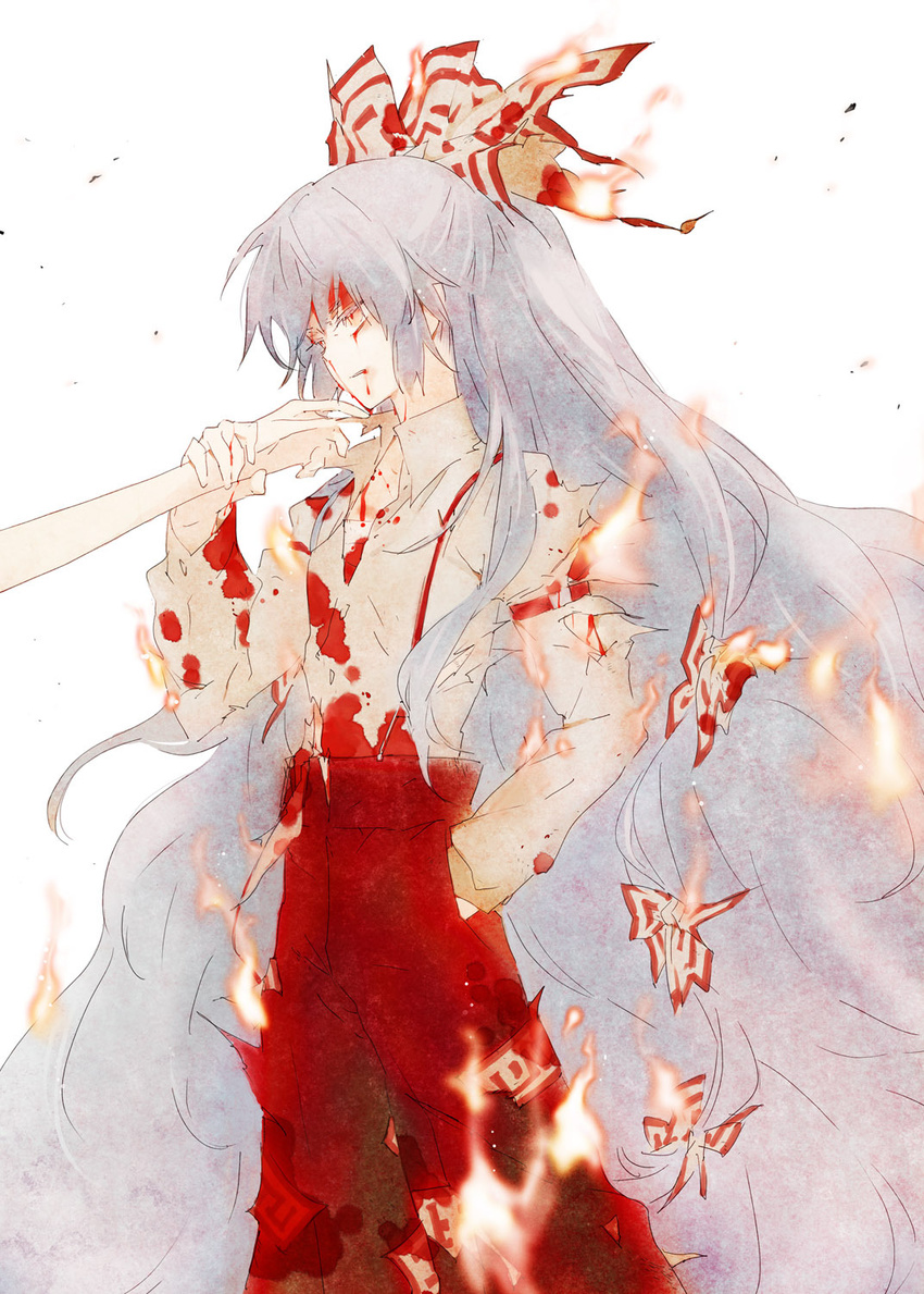 blood bow burning fire fujiwara_no_mokou hair_bow hair_ribbon hand_in_pocket hands_in_pockets highres injury long_hair minakata_sunao pants red_eyes ribbon silver_hair solo suspenders touhou very_long_hair white_hair wrist_grab