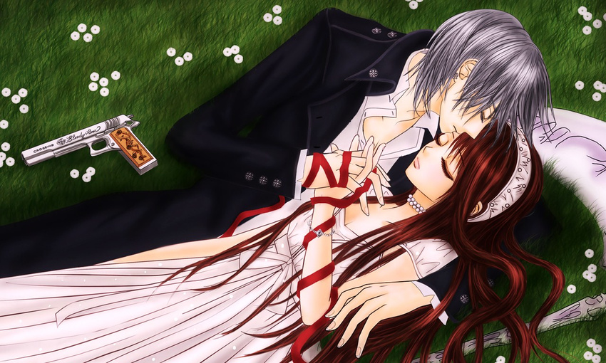 dress grass gun kiryu_zero long_hair scythe vampire_knight weapon yuuki_cross