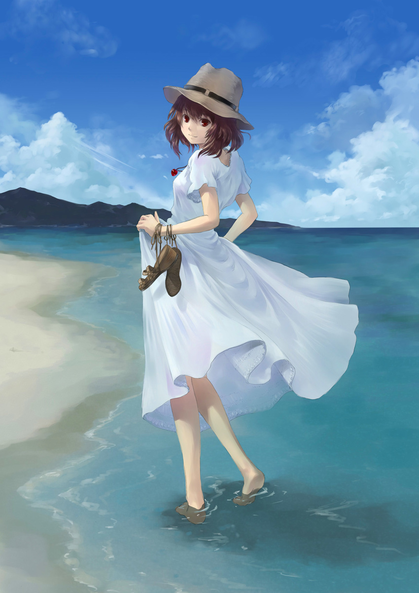 barefoot brown_hair cloud day dress from_behind hat highres jewelry light_smile looking_back ocean original pendant red_eyes short_hair sky solo totuka wading white_dress