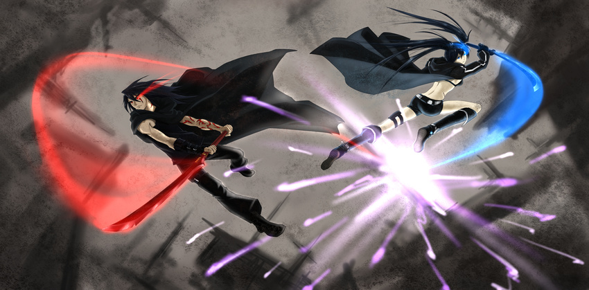 1girl absurdres bahamutxiii battle bikini_top black_hair black_rock_shooter black_rock_shooter_(character) blue_eyes boots burning_eye clash cloak coat dark_souls duel fingerless_gloves gloves highres long_hair midriff original red_eyes scar shorts souls_(from_software) sparks sword tattoo thigh_strap twintails very_long_hair weapon