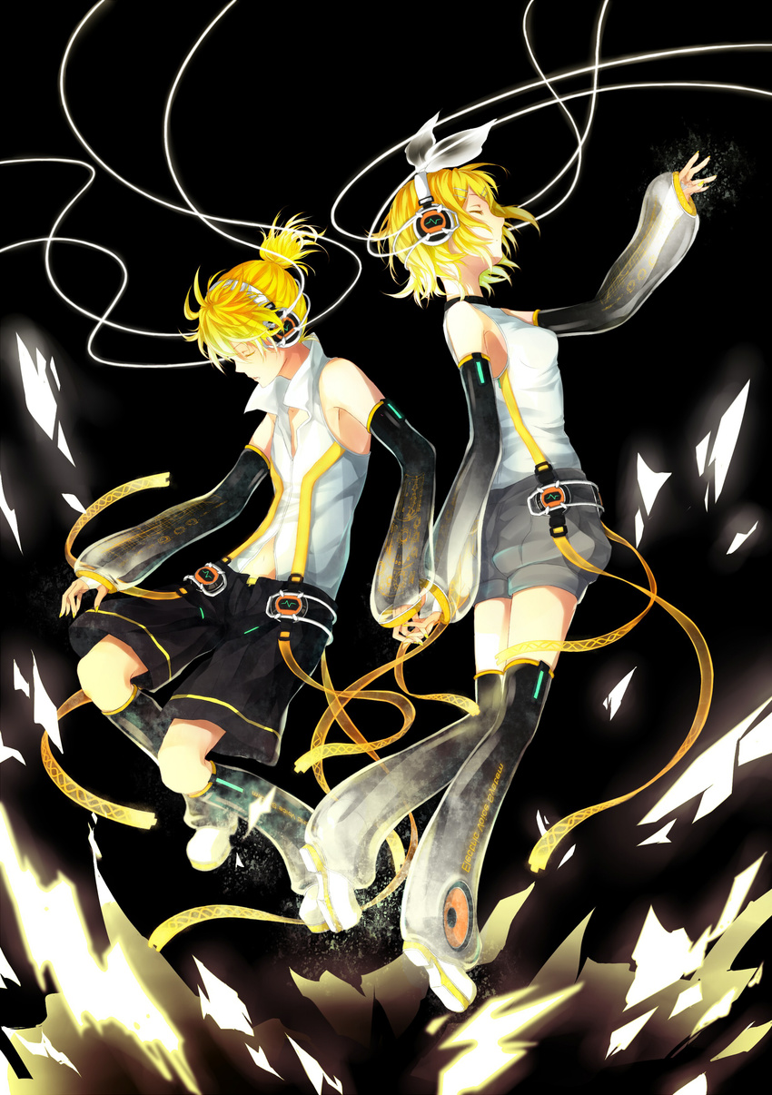 1girl absurdres arm_warmers back-to-back bad_id bad_pixiv_id bare_shoulders blonde_hair brother_and_sister closed_eyes detached_sleeves fingerless_gloves gloves hair_ornament hair_ribbon hairclip headphones highres holding_hands kagamine_len kagamine_len_(append) kagamine_rin kagamine_rin_(append) leg_warmers nail_polish navel ribbon short_hair shorts shuon siblings twins vocaloid vocaloid_append
