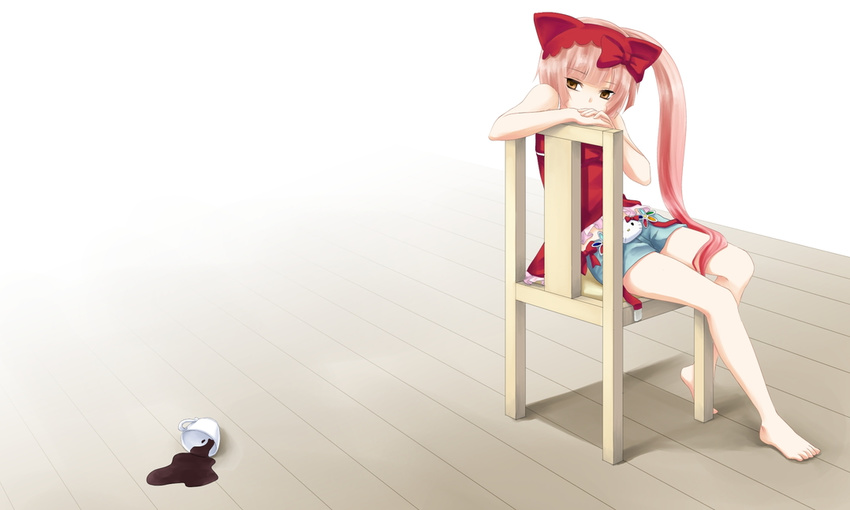 animal_ears animal_hat bad_id bad_pixiv_id bare_shoulders barefoot bow brown_eyes camisole cat_ears cat_hat chair chikuwa_(rinka) coffee feet hair_bow hat hello_kitty hello_kitty_to_issho! leaning long_hair nekomura_iroha pink_hair ponytail shorts sitting sitting_sideways solo spill very_long_hair vocaloid