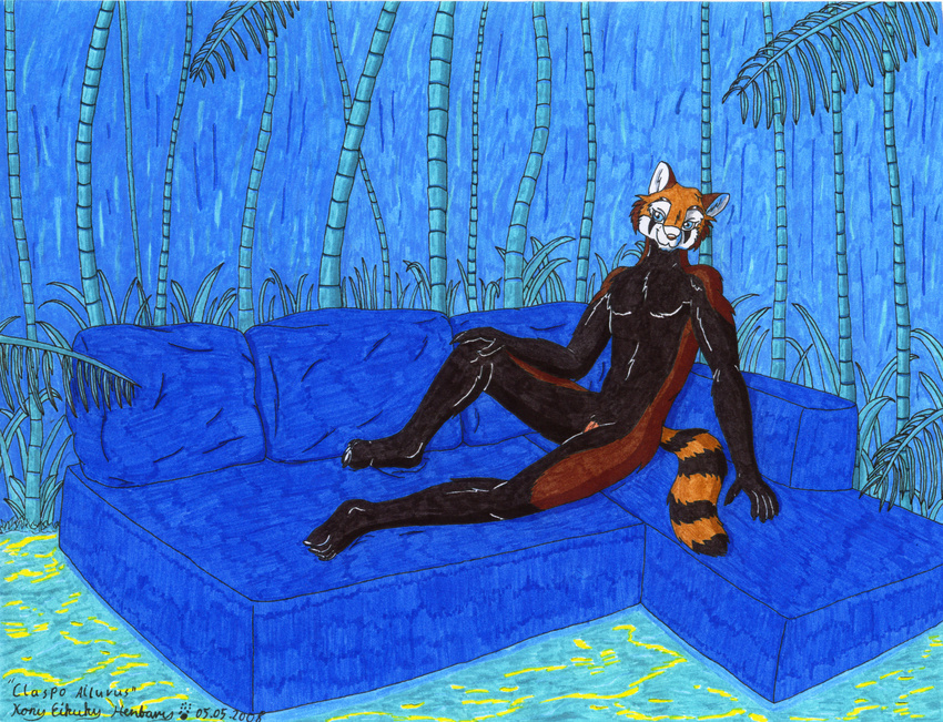 ailurus bamboo claspo konu_eikuku_hentaru male moonlight night nude red_panda sofa
