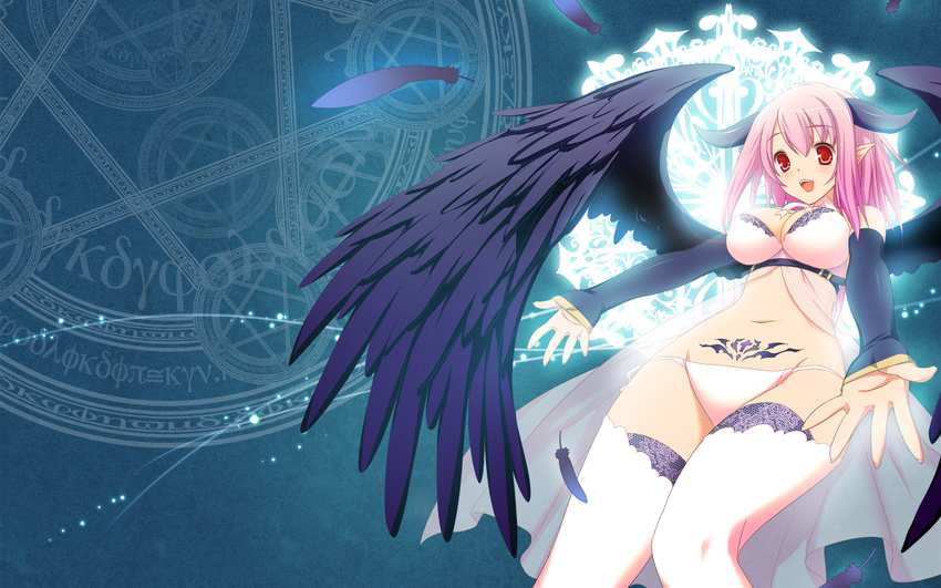 47agdragon black_wings breasts cleavage feathers highres horns large_breasts magic_circle open_mouth outstretched_arms outstretched_hand panties pink_hair pixiv_fantasia pixiv_fantasia_4 pointy_ears red_eyes see-through short_hair solo tattoo thighhighs underwear wallpaper white_legwear wings