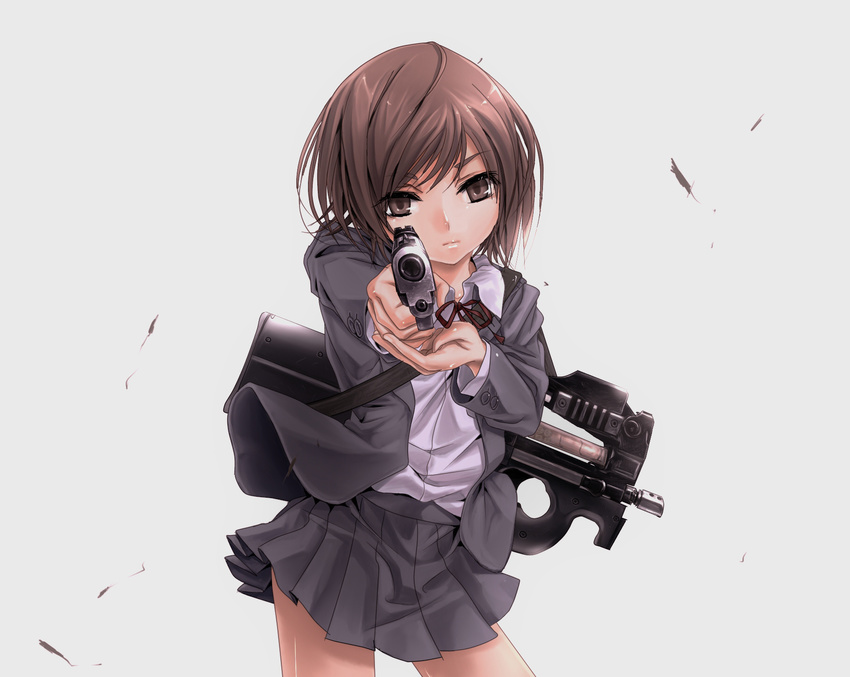 aiming_at_viewer bob_cut brown_eyes brown_hair bullpup gun gunslinger_girl handgun henrietta highres p90 pistol pov_aiming school_uniform shirt sig_sauer skirt submachine_gun terabyte_(rook777) weapon wind_lift