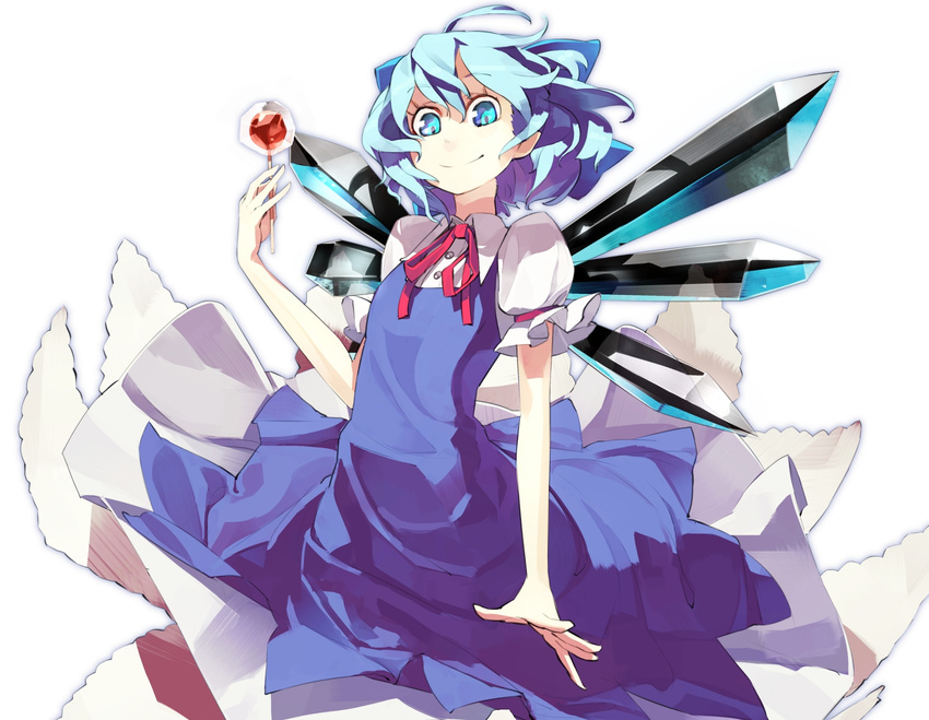 apple blue_eyes blue_hair bow cirno dress food frozen fruit hair_bow highres shihou_(g-o-s) short_hair smile solo touhou wings