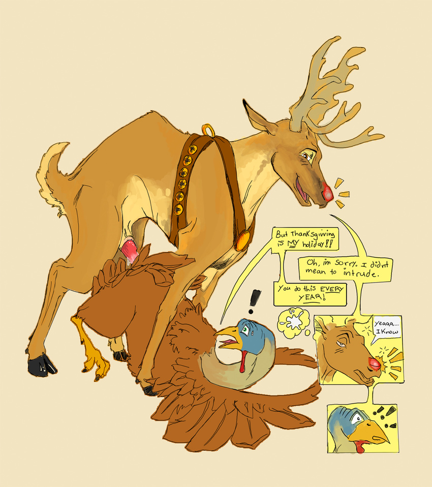 ambiguous_gender antlers avian beak bell bird cervine christmas crossover cum cum_inside deer feral feral_on_feral holidays hooves horn humor interspecies male mammal penetration penis red_nose reindeer rudolph sex thanksgiving turkey unknown_artist wings