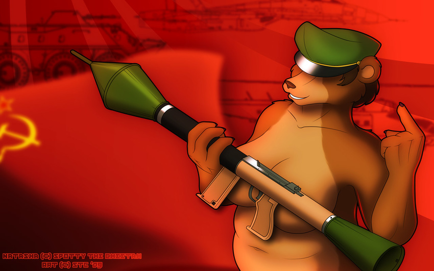 bear big_breasts breasts chubby female in_soviet_russia military natasha nude rocket rpg russia soviet spotty_the_cheetah wallpaper weapon ☭