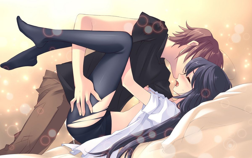 1girl ahoge bed black_hair blush boy_on_top breasts brown_hair clothed_sex couple cum cum_in_pussy cumdrip flyable_heart game_cg glowing hetero hug itou_noiji katsuragi_shou kimi_no_nagori_wa_shizuka_ni_yurete legs_up long_hair lying missionary nipples no_bra no_pants on_back open_clothes open_mouth open_shirt pantyhose pillow sex shirasagi_mayuri shirt short_hair small_breasts t-shirt torn_clothes torn_legwear vaginal