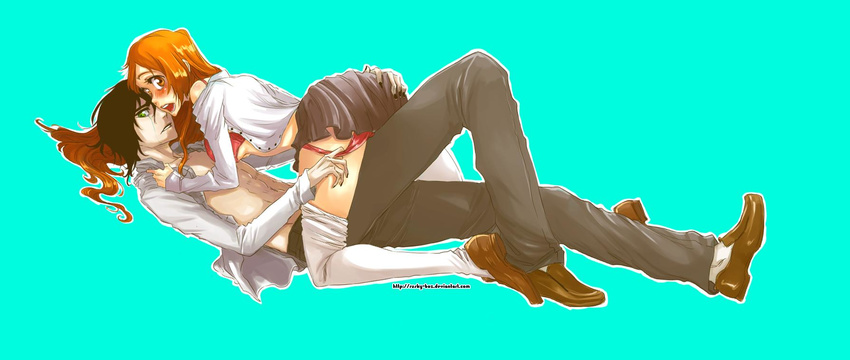 arrancar ass ass_grab bleach couple espada highres hollow inoue_orihime long_image panties panty_pull rusky school_uniform ulquiorra_cifer ulquiorra_schiffer underwear undressing wide_image