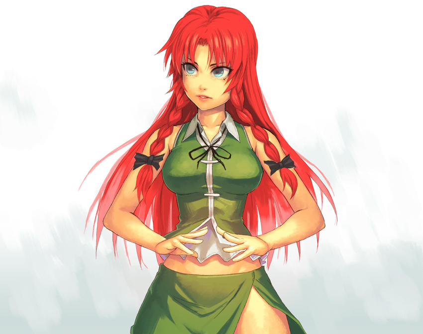 bad_id bad_pixiv_id blue_eyes bow braid breasts hair_bow hong_meiling lips long_hair medium_breasts midriff no_hat no_headwear red_hair shirt sleeveless sleeveless_shirt solo touhou twin_braids yuuji_(and)