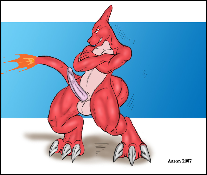 aaron balls charmeleon claws dragon erection fangs fire grin horns male nude penis pok&eacute;mon presenting red_eyes scalie sheath solo spread_legs spreading standing tail