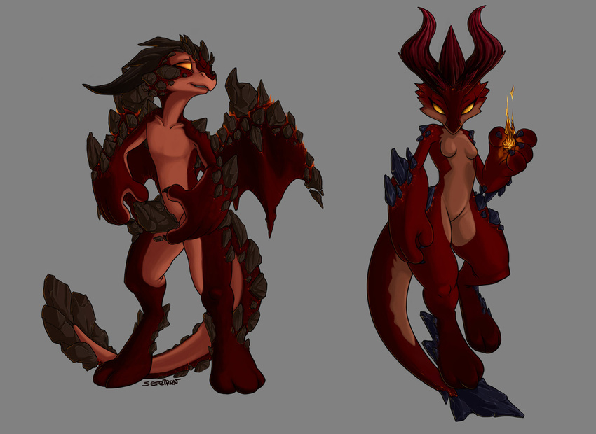 breasts claws color couple cute dragon elemental_magic felix female fenra fire float floating hindpaw horns magic male miriam nude red rock rocks scalie sefeiren sexual_dimorphism smile stone stones tail volcanic_fenra wings yellow_eyes
