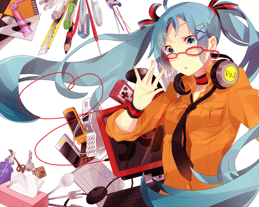 :o ahoge aqua_eyes aqua_hair bad_id bad_pixiv_id bespectacled boxcutter cable cellphone choker controller fork game_controller glasses hair_ornament hair_ribbon hairclip hatsune_miku headphones headphones_around_neck key keyboard_(computer) lock long_hair monitor mota_(extpil) mouse_(computer) necktie notebook pen pencil phone ribbon ruler shirt simple_background solo spoon stylus tablet tissue_box twintails very_long_hair vocaloid wristband