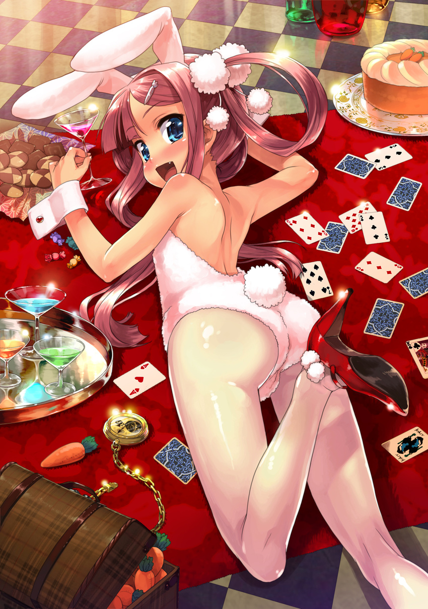 :d animal_ears ass backless_outfit bare_back bare_legs bare_shoulders blue_eyes blush brown_eyes bunny_ears bunny_girl bunnysuit cake card carrot checkered cookie drink fang flat_chest food glass goblet hair_rings high_heels highres kneepits koihime_musou legs looking_back lying lying_card on_stomach open_mouth pantyhose pink_hair pocket_watch shiny shiny_skin shirane_taito shoes smile solo sonshoukou tail treasure_chest watch wrist_cuffs