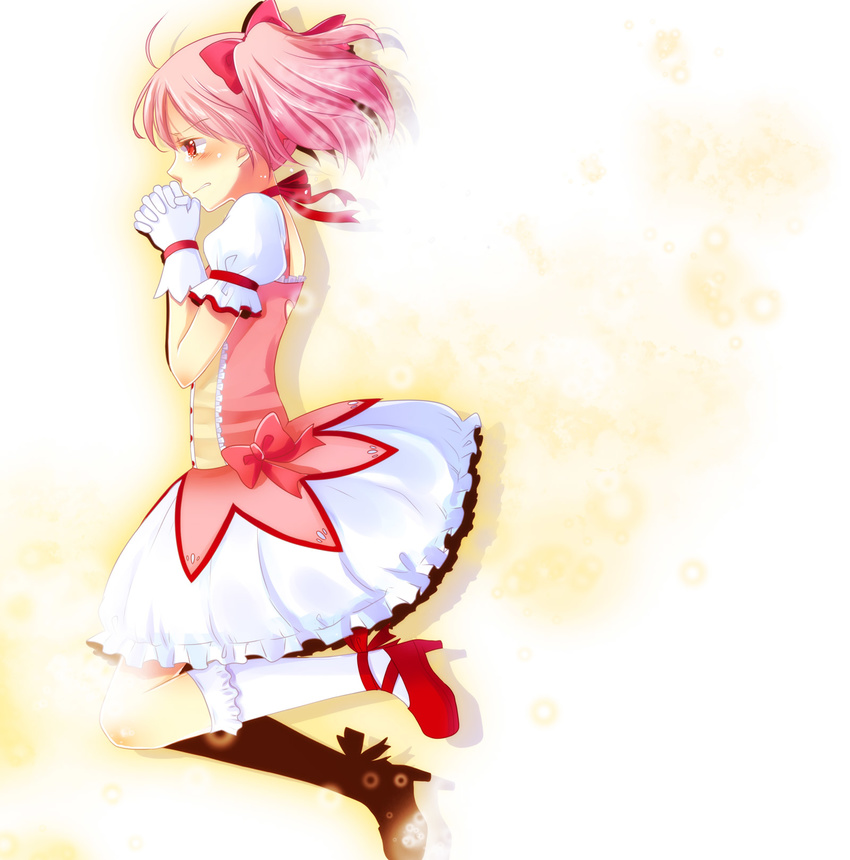 blush bubble_skirt dress from_side gloves hair_ribbon hands_clasped highres kaname_madoka kneehighs magical_girl mahou_shoujo_madoka_magica mochizuki_mina own_hands_together pink_eyes pink_hair profile red_eyes ribbon shoes short_hair short_twintails simple_background skirt solo tears twintails white_legwear
