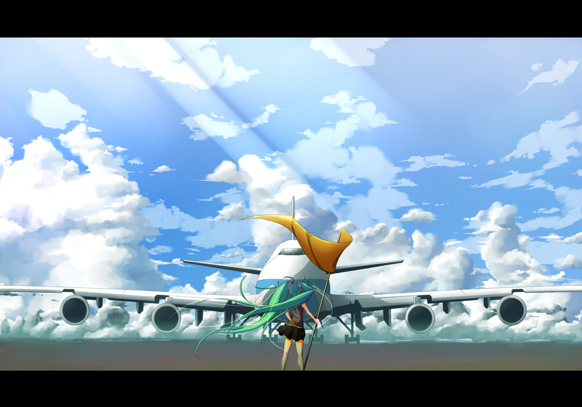 747_(airplane) aircraft airplane bad_id bad_pixiv_id cloud day flag from_behind green_hair hatsune_miku haz_first_music highres letterboxed long_hair skirt sky solo twintails very_long_hair vocaloid