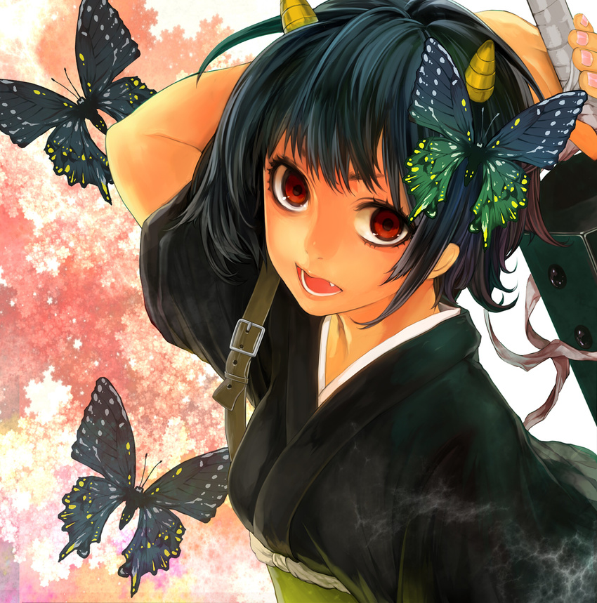 black_hair bug butterfly club fang gedomaru gintama highres horns insect kanabou male_focus red_eyes solo tcb upper_body weapon