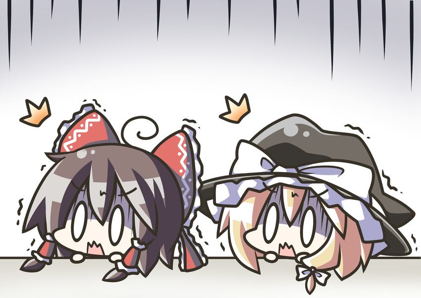 0_0 2girls absurdres ahoge aoblue blonde_hair bow brown_hair chibi hair_bow hakurei_reimu hat highres kirisame_marisa multiple_girls shaded_face touhou trembling wavy_mouth witch_hat