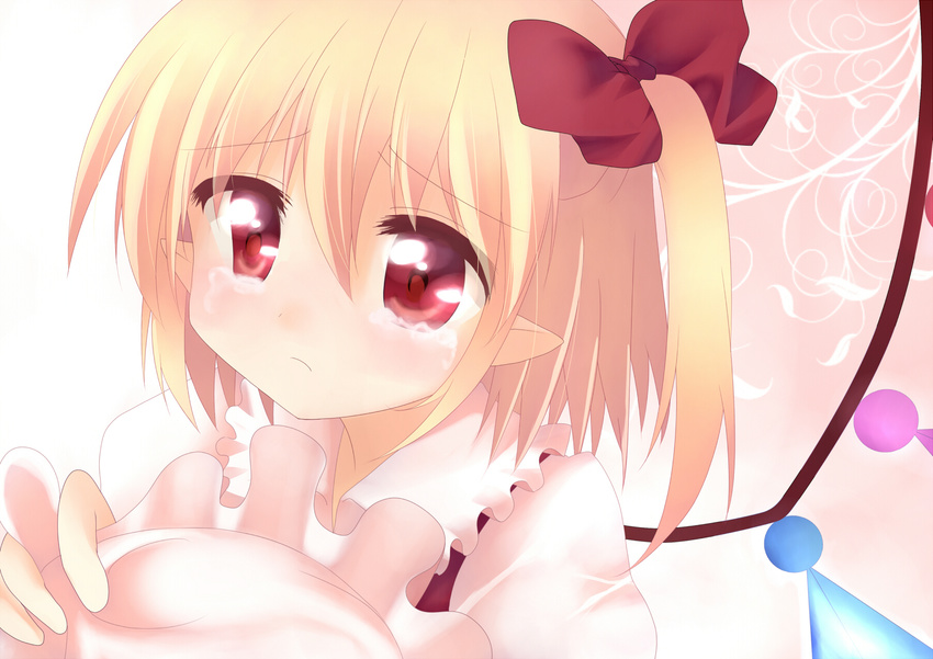 blonde_hair flandre_scarlet haiiro_(immature) hair_ribbon highres pointy_ears red_eyes ribbon side_ponytail solo tears touhou wings