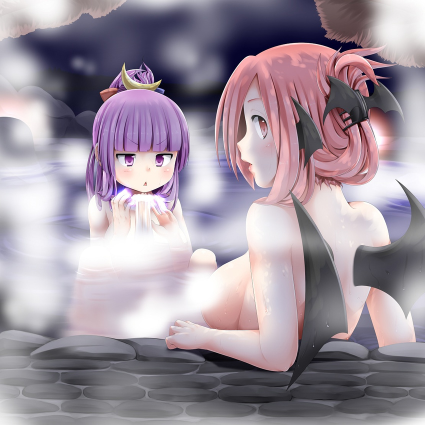 :&lt; alternate_hairstyle bangs bat_wings blunt_bangs blush breasts censored convenient_censoring crescent demon_wings folded_ponytail gameplay_mechanics hair_up head_wings koakuma long_hair magic medium_breasts miki_purasu multiple_girls nude onsen open_mouth outdoors partially_submerged patchouli_knowledge purple_eyes purple_hair red_eyes red_hair sideboob sitting small_breasts sponge steam steam_censor touhou upper_body waterspout wings