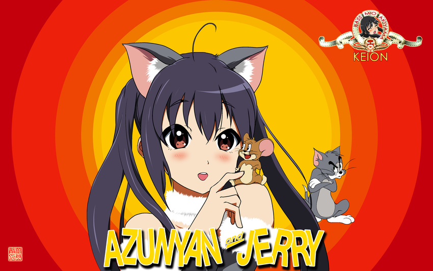 ahoge animal animal_ears animal_on_shoulder bangs bare_shoulders blush brand_name_imitation brown_fur cat cat_ears character_name commentary_request cosplay crossed_arms crossover grey_cat grey_fur highres index_finger_raised jealous jerry_(tom_and_jerry) k-on! kemonomimi_mode logo_parody long_hair metro-goldwyn-mayer mouse multiple_girls nakano_azusa open_mouth petting raised_eyebrow raised_eyebrows round_teeth signature stamp teeth tom tom_(cosplay) tom_and_jerry toon upper_body yanyou_sanren