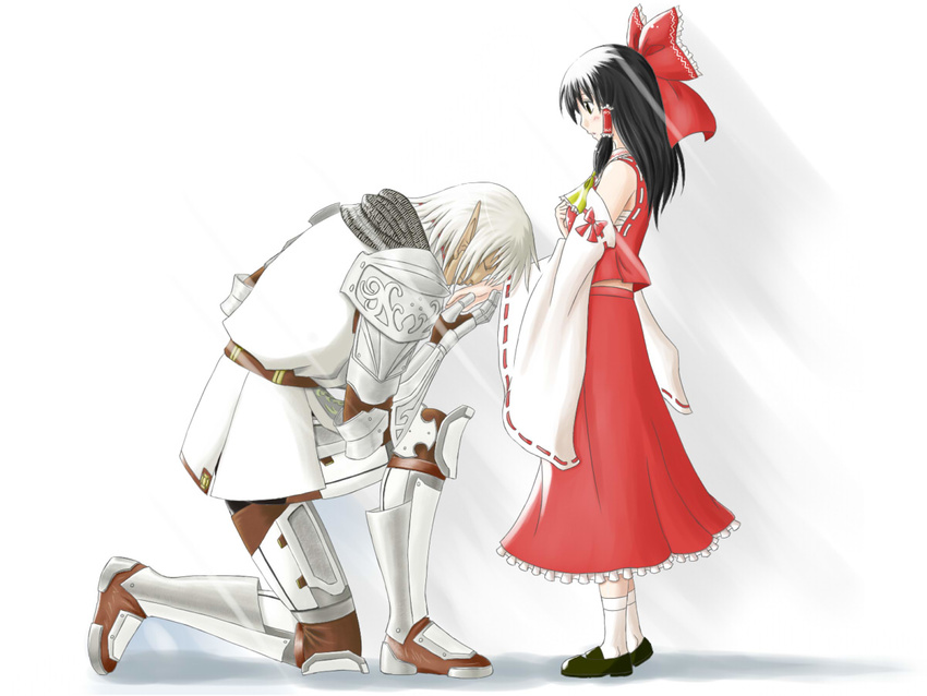 1girl aoi_kao armor black_hair blush bow buront crossover detached_sleeves elf elvaan final_fantasy final_fantasy_xi hair_bow hakurei_reimu kneeling long_hair pointy_ears sarashi short_hair silver_hair the_iron_of_yin_and_yang touhou