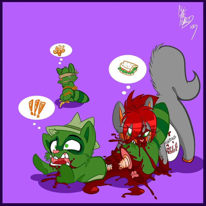 bdsm blood bondage canine crying cute death eating female funny grey guro happy_tree_friends hat hi_res kill kurty male mel_the_hybrid o_0 peeing raccoon red_hair rope screaming tail toony