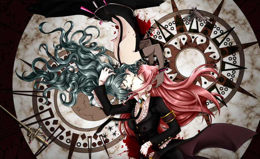bad_id bad_pixiv_id blood closed_eyes earrings elbow_gloves formal gloves green_hair gun handgun hatsune_miku highres jewelry kiss long_hair megurine_luka multiple_girls pistol red_hair rondo_of_the_sun_and_moon_(vocaloid) sword very_long_hair vocaloid walther walther_p38 weapon yaya_(y8ay8a) yuri