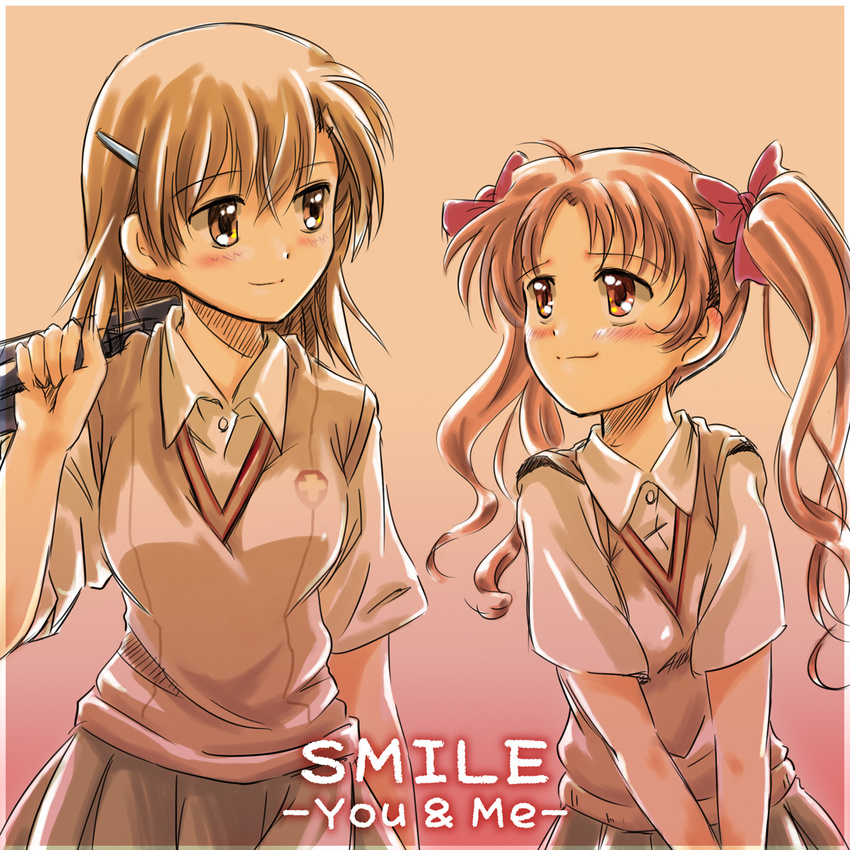 bag brown_eyes brown_hair highres long_hair misaka_mikoto multiple_girls san-pon school_uniform shirai_kuroko short_hair smile sunset sweater_vest to_aru_kagaku_no_railgun to_aru_majutsu_no_index