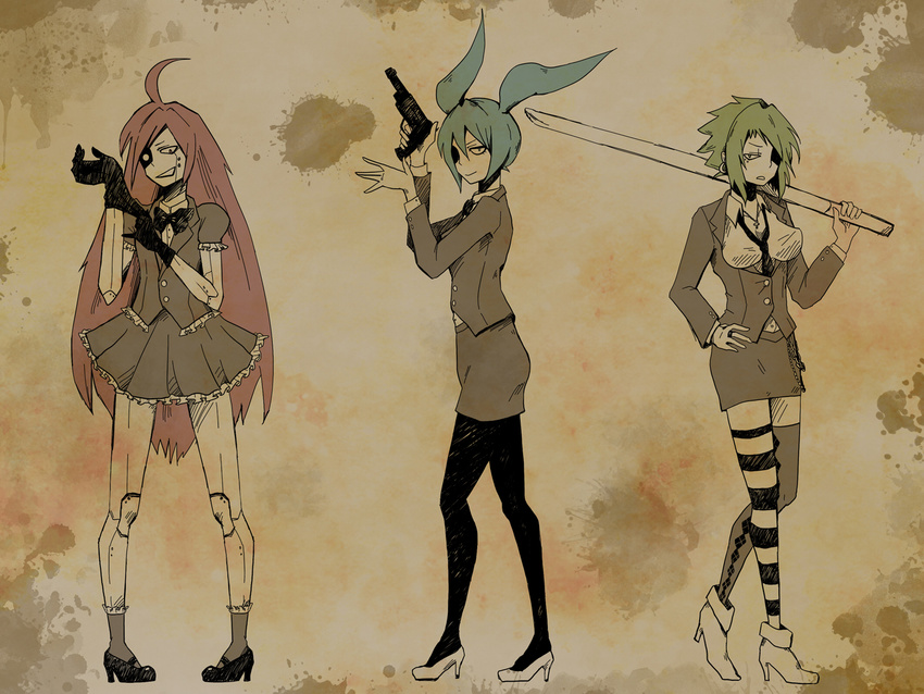 aqua_hair gloves green_hair gumi gun hatsune_miku miki_(vocaloid) skirt thighhighs twintails vocaloid weapon