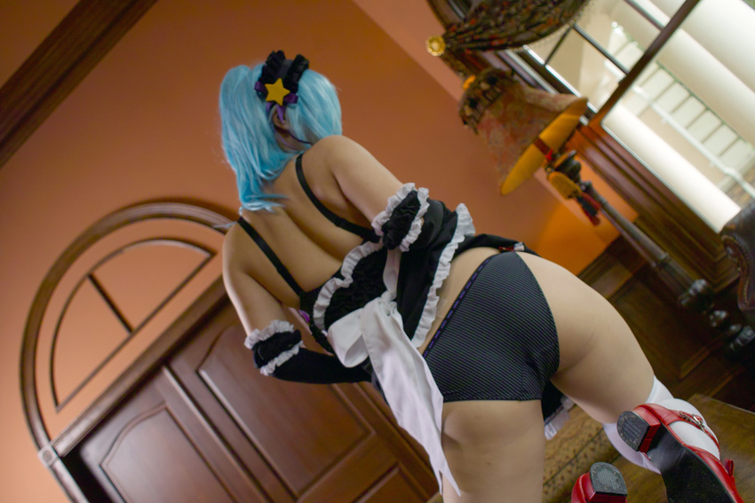 asian ass black_dress black_gloves black_panties blue_hair cosplay demon_girl dress dress_lift gloves headband kurono_kurumu kuruno_kurumu kuruno_kurumu_(cosplay) maid panties photo real rosario+vampire shoes snow_flakes succubus thighhighs thighs underwear