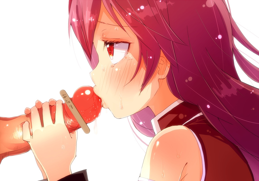 1girl blush censored fellatio hato_haru hetero long_hair mahou_shoujo_madoka_magica oral penis profile red_eyes red_hair sakura_kyouko solo_focus sweat tears