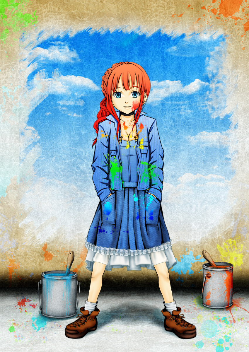 absurdres bad_id bad_pixiv_id blue_eyes breasts bucket cleavage hands_in_pockets highres long_hair oekaki_musume original paint paint_can paint_stains red_eyes small_breasts socks solo tk8d32