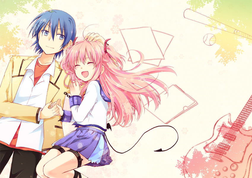 1girl angel_beats! baseball baseball_bat blue_eyes blue_hair closed_eyes couple fang folder good_end guitar hetero hinata_(angel_beats!) holding_hands instrument kousetsu long_hair lying paper pink_hair school_uniform serafuku short_hair tail two_side_up yui_(angel_beats!)