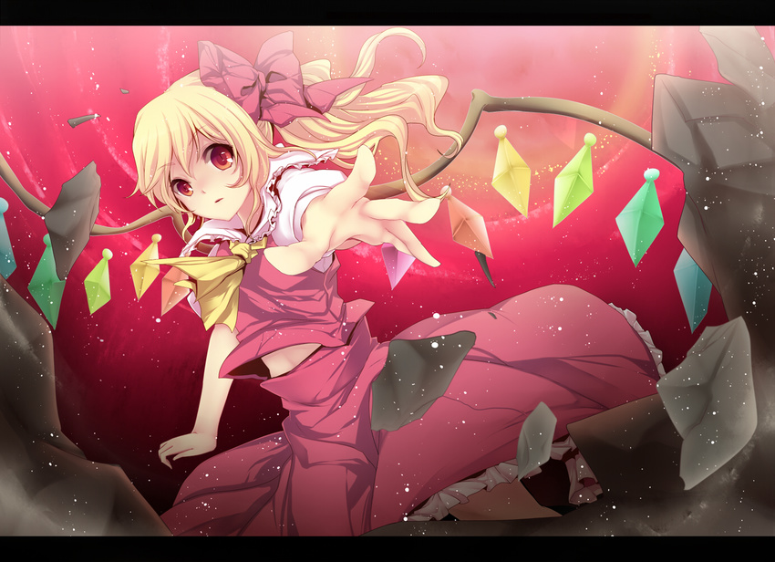 bad_id bad_pixiv_id blonde_hair broken_ground flandre_scarlet letterboxed looking_at_viewer no_hat no_headwear outstretched_arm outstretched_hand red_eyes rimu_(kingyo_origin) side_ponytail solo stone touhou wings